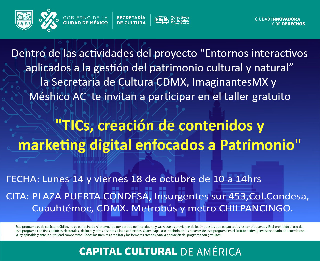 Invitación taller TICS, creación de contenidos y marketing digital enfocados a Patrimonio Cultural y Natural